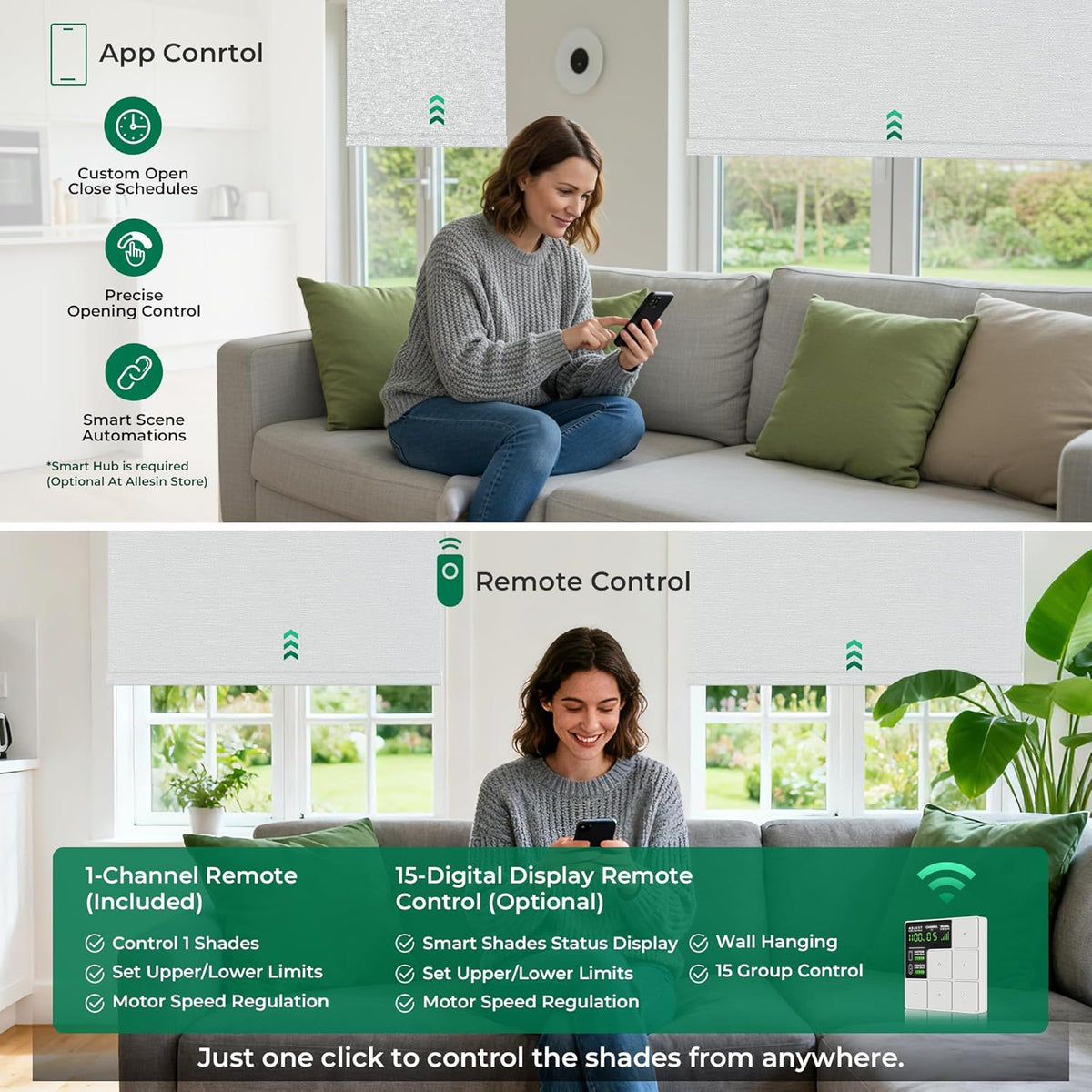 ECO CURTAIN Motorized 100% Blackout Blind with Remote – No-Drill, Tool-Free, Custom Sizes, Optional Gateway for App and Voice Control