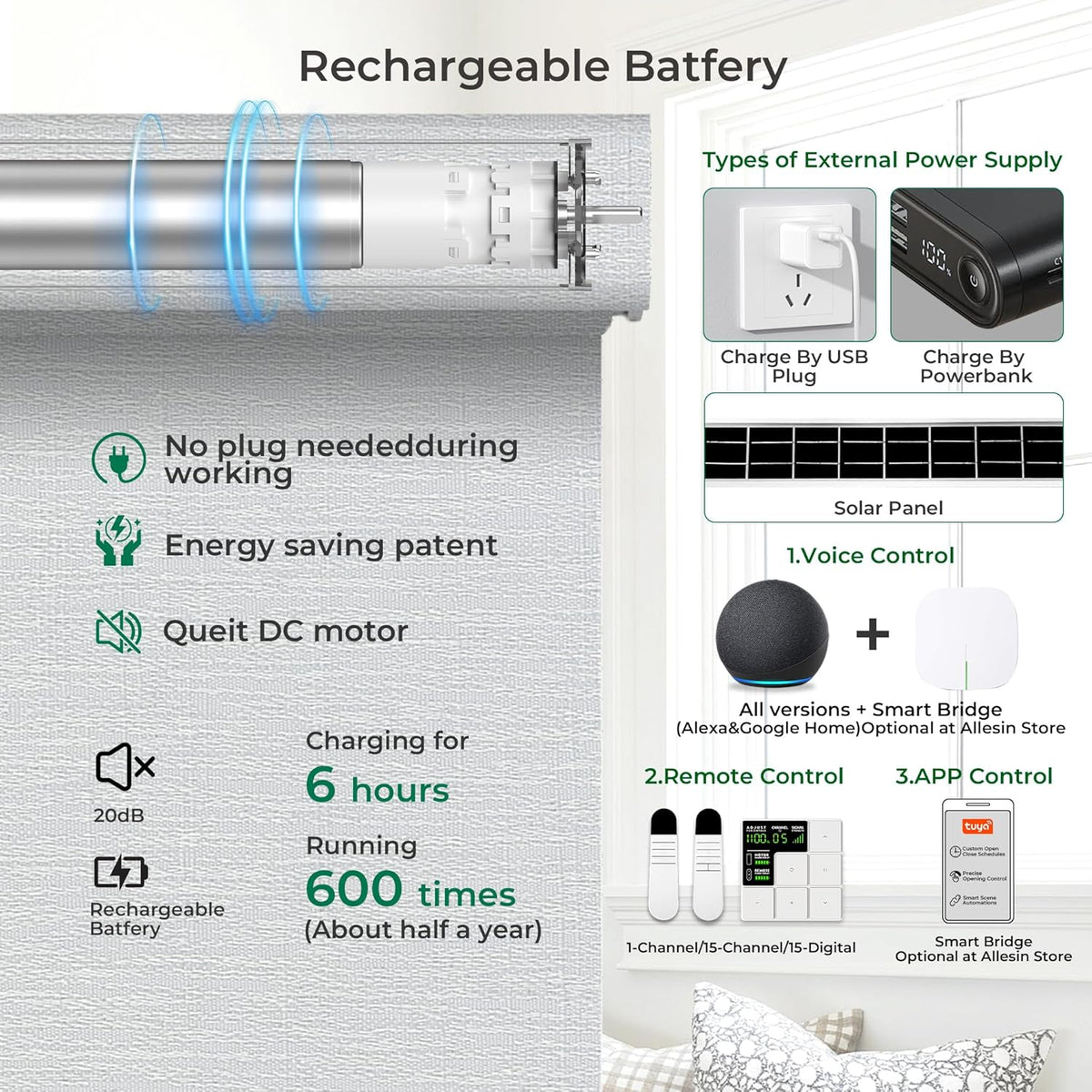 ECO CURTAIN Motorized 100% Blackout Blind with Remote – No-Drill, Tool-Free, Custom Sizes, Optional Gateway for App and Voice Control