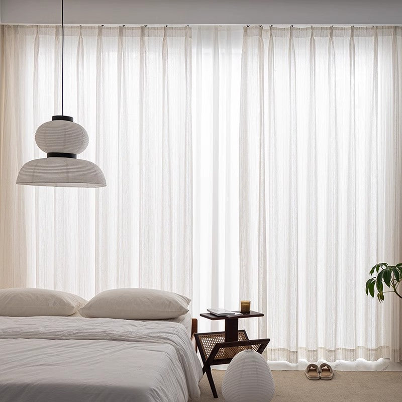 和風ストライプのシンプルスタイルのボイルレースカーテン、リネン素材のような風合いで、1cm単位でサイズオーダー可能なレースカーテン  576750911088