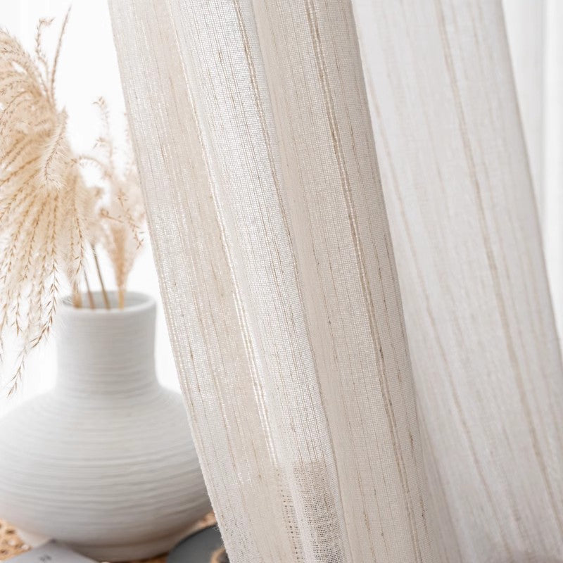 和風ストライプのシンプルスタイルのボイルレースカーテン、リネン素材のような風合いで、1cm単位でサイズオーダー可能なレースカーテン  576750911088